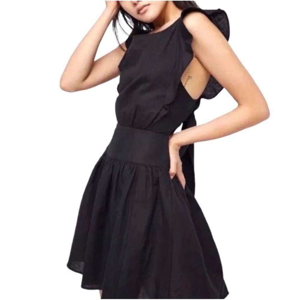 Free People Erin Ruffle Mini Dress Size S Black Linen Blend Bow Open Back